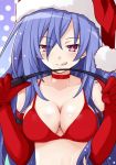  1girl blue_hair blush breasts christmas elbow_gloves eyebrows_visible_through_hair gloves hat holding iris_heart iwasi-r kami_jigen_game_neptune_v large_breasts licking_lips long_hair looking_at_viewer neptune_(series) power_symbol purple_eyes riding_crop santa_costume santa_hat smile solo symbol-shaped_pupils tongue tongue_out upper_body 