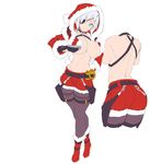  1girl aina_winchester ass boots breasts christmas cleavage curvy hoodie huge_ass large_breasts lilith-soft looking_at_viewer no_bra potion_(moudamepo) santa_hat short_hair simple_background skirt smile standing taimanin_(series) taimanin_asagi_battle_arena weapon white_background 