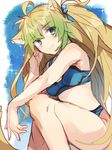  ahoge animal_ears atalanta_(fate) bikini blonde_hair blue_bikini blush breasts dutch_angle fate/apocrypha fate/grand_order fate_(series) green_eyes green_hair kneeling light_smile long_hair looking_at_viewer multicolored_hair nikame sketch small_breasts smile solo swimsuit twilight_memory 