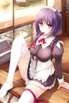  arm_support breasts indoors knee_up large_breasts looking_at_viewer maid mouth_hold no_shoes purple_eyes purple_hair red_ribbon ribbon ro_risu short_hair sitting solo thigh_ribbon thighhighs white_legwear window wooden_floor 