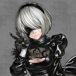  black_blindfold black_dress blindfold cleavage_cutout commentary_request covered_eyes dress facing_viewer gloves grey_hair hairband highres hyuu_(sing-dog) juliet_sleeves long_sleeves nier_(series) nier_automata puffy_sleeves short_hair solo upper_body v yorha_no._2_type_b 