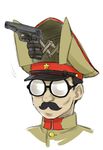  ebifly facial_hair facing_viewer glasses gun hat imperial_japanese_army male_focus military military_hat military_uniform motion_lines mustache opaque_glasses peaked_cap portrait real_life simple_background solo toujou_hideki uniform weapon white_background 