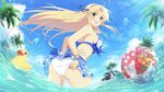  1girl aqua_eyes blonde_hair blush breasts hair_ribbon katsuragi_(senran_kagura) large_breasts long_hair looking_at_viewer looking_back senran_kagura smile solo standing swimsuit 