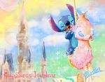  2016 4_toes alien blue_fur blue_nose bubble castle chest_tuft cinderella_castle cute digital_media_(artwork) digital_painting_(artwork) disney disney_parks english_text experiment_(species) eyes_closed fish fur happy harara head_tuft lilo_and_stitch marine notched_ear open_mouth open_smile seahorse signature smile solo sparkles stitch text toes tokyo_disneyland tuft 