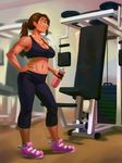  0pik-0ort abs bra clothing exercise female footwear gym human human_only inside lilith mammal muscular muscular_female not_furry pants ponytail red_eyes shoes smile solo underwear water_bottle 