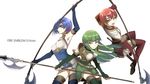  armor armpits belt blue_eyes blue_hair blue_legwear boots breastplate breasts copyright_name cowboy_shot dress est fire_emblem fire_emblem:_monshou_no_nazo fire_emblem:_shin_ankoku_ryuu_to_hikari_no_tsurugi fire_emblem_echoes:_mou_hitori_no_eiyuuou green_eyes green_hair green_legwear grimjin headband highres katua long_hair looking_at_viewer medium_breasts multiple_girls open_mouth paola polearm red_eyes red_hair red_legwear short_dress short_hair siblings simple_background sisters skirt smile thigh_boots thighhighs weapon white_background zettai_ryouiki 