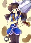  1girl artist_request bandolier bangs blue_eyes blush bow breasts brown_hair grin japanese_clothes kimono kuonji_ukyou long_hair looking_at_viewer open_mouth pantyhose ranma_1/2 smile spatula 