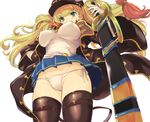  black_legwear blonde_hair blush breasts cameltoe coat covered_nipples cowboy_shot from_behind from_below granblue_fantasy green_eyes hand_on_hip hat holding holding_sword holding_weapon impossible_clothes impossible_shirt jacket kztk large_breasts long_hair miniskirt monica_weisswind open_clothes open_coat open_jacket panties peaked_cap pleated_skirt sheath sheathed shirt side-tie_panties simple_background skirt solo sword thigh_strap thighhighs thighs twintails underwear weapon white_background white_panties white_shirt 