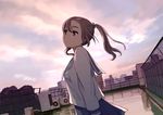 :/ brown_eyes brown_hair cloud cloudy_sky day dutch_angle fence from_side hair_ornament hairclip long_hair morifumi original outdoors revision rooftop school_uniform serafuku shirt skirt sky solo twintails 