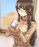  autumn_leaves blue_sky brown_hair brown_sweater cup curtains day glasses grey_eyes holding holding_cup impossible_clothes indoors long_hair mug nekotama_(tsuki) original parted_lips red-framed_eyewear ribbed_sweater semi-rimless_eyewear sky solo standing sweater tree under-rim_eyewear 