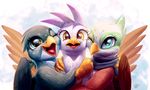  2017 avian beak blue_eyes eyelashes feathered_wings feathers female friendship_is_magic gabby_(mlp) gilda_(mlp) greta_(mlp) group gryphon hi_res looking_at_viewer my_little_pony one_eye_closed open_beak open_mouth open_smile scarf smile tsitra360 wings wink yellow_eyes 
