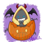  &gt;:d 2017 bat bat_wings blue_eyes cosplay costume digital_drawing_(artwork) digital_media_(artwork) evil_grin food fruit halloween harara hi_res holidays horn jack-o&#039;-lantern mammal membranous_wings nintendo pok&eacute;mon pok&eacute;mon_(species) pumpkin purple_background signature simple_background smile snorunt solo_focus video_games white_background wings 