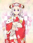  :3 bangs_pinned_back chinese_zodiac closed_mouth floral_print horns japanese_clothes kimono lamb long_hair long_sleeves looking_at_viewer morifumi new_year original pink_background red_kimono sheep_horns signature silver_hair smile standing year_of_the_goat 