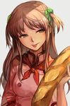  :p azusagawa_tsukino baguette bread breasts brown_hair food green_eyes green_ribbon grey_background hair_ribbon half-closed_eyes hankuri holding holding_food jacket long_hair looking_at_viewer medium_breasts neckerchief pink_jacket red_neckwear ribbon short_sleeves simple_background solo tongue tongue_out two_side_up upper_body yakitate!!_japan 