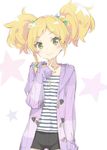  aikatsu!_(series) aikatsu_stars! black_shorts blonde_hair blush braid casual coat commentary_request cowboy_shot duffel_coat green_eyes hair_bobbles hair_ornament hand_on_own_chest jewelry multicolored_hair_bobbles necklace nikaidou_yuzu open_clothes open_coat peko purple_hoodie saturn_symbol shirt shorts side_braid sketch smile solo star striped striped_shirt twintails v 