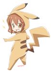  :d blush brown_eyes brown_hair child cosplay ebifly eyebrows_visible_through_hair fang from_behind full_body gen_1_pokemon hair_between_eyes hair_ornament hairclip hood hood_up ikazuchi_(kantai_collection) kantai_collection looking_at_viewer looking_back open_mouth pikachu pikachu_(cosplay) pokemon simple_background smile solo standing twitter_username white_background 