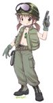  :d alice_gear belt blush boots brown_eyes brown_hair camouflage combat_boots dog_tags ebifly fang flak_jacket flat_chest goggles goggles_on_head goggles_on_headwear green_footwear green_pants grin gun handgun helmet holding holding_gun holding_weapon holster jacket low_twintails m1911 military no_bra open_clothes open_jacket open_mouth original pants pistol sleeveless_jacket smile solo standing trigger_discipline twintails twitter_username vietnam_war weapon 