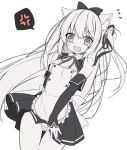  1girl anger_vein animal_ear_fluff animal_ears annoyed azur_lane blush bow cat_ears commentary_request detached_sleeves dress dress_tug hair_bow kisaragi_(azur_lane) long_hair maid monochrome open_mouth panties purinko ribbon short_dress shouting side_ponytail simple_background sketch solo spoken_anger_vein thigh_gap underwear very_long_hair white_background wind wind_lift 
