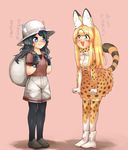  alternate_hair_length alternate_hairstyle animal_ears backpack bag black_eyes black_gloves black_hair commentary_request gloves hair_between_eyes hat hat_feather helmet high-waist_skirt highres initsukkii kaban_(kemono_friends) kemono_friends long_hair multiple_girls pantyhose pink_background pith_helmet red_shirt serval_(kemono_friends) serval_ears serval_print serval_tail shirt shorts simple_background skirt striped_tail tail translated wavy_hair 