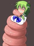  1girl blush clenched_teeth coiled eyes_closed frog_hair_ornament green_hair hair_ornament honehone kochiya_sanae short_hair slime teeth touhou 