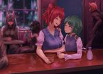  4girls alcohol bar blue_vest blush breasts choko_(cup) closed_eyes commentary_request cup drinking_glass drunk flat_chest green_eyes green_hair hair_bobbles hair_ornament horns juliet_sleeves large_breasts long_sleeves looking_at_another multiple_girls no_hat no_headwear onozuka_komachi open_mouth parted_lips puffy_short_sleeves puffy_sleeves red_hair roke_(taikodon) shiki_eiki short_hair short_sleeves shot_glass smile tokkuri touhou two_side_up vest window 