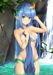  arm_up bangs bathing bikini blue_hair blush bracelet breasts closed_mouth commentary_request crown elf eyebrows_visible_through_hair green_bikini green_eyes hand_up jewelry leaf long_hair looking_at_viewer original outdoors p!nta pointy_ears side-tie_bikini small_breasts solo swimsuit very_long_hair wading water waterfall wet wet_clothes 
