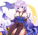  ahoge azur_lane bangs black_legwear blush commentary cosplay detached_sleeves dress eyebrows_visible_through_hair kanora knees_up long_hair looking_at_viewer parted_lips purple_dress purple_eyes purple_hair solo thighhighs unicorn unicorn_(azur_lane) very_long_hair vocaloid xingchen xingchen_(cosplay) 