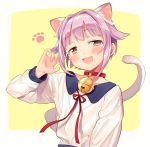  1girl :3 animal_ears bangs bell bell_collar blouse blush border brown_eyes cat_ears cat_tail collar commentary done_kanda dot_nose eyebrows_visible_through_hair hair_intakes idolmaster idolmaster_cinderella_girls kemonomimi_mode koshimizu_sachiko lavender_hair long_sleeves looking_to_the_side neck_ribbon paw_print red_collar ribbon short_hair solo tail white_blouse yellow_background 