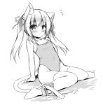  1girl animal_ear_fluff animal_ears arm_support azur_lane bell blush cat_ears cat_tail jingle_bell kisaragi_(azur_lane) knees_together_feet_apart leaning_back long_hair monochrome one-piece_swimsuit purinko ribbon school_swimsuit side_ponytail simple_background sitting sketch solo swimsuit tail tail_ornament tail_ribbon thighhighs white_background 