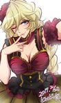  alternate_costume armband artist_name blonde_hair blush braid breasts carol_malus_dienheim cleavage commentary dated dress eyebrows_visible_through_hair eyelashes finger_to_mouth flower hair_flower hair_ornament highres kiraki large_breasts lips long_hair looking_at_viewer mole mole_under_eye older one_eye_closed reaching_out self_shot senki_zesshou_symphogear shiny shiny_hair shiny_skin simple_background smile solo very_long_hair white_background 