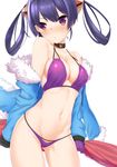 ass_visible_through_thighs azur_lane bangs behind_back bikini blue_coat breasts cleavage closed_mouth coat collar collarbone cowboy_shot dobunezumi fur_trim gloves groin hair_rings hairpods highres long_hair long_sleeves looking_at_viewer medium_breasts navel ning_hai_(azur_lane) off_shoulder open_clothes open_coat purple_bikini purple_gloves red_eyes simple_background solo standing stomach swimsuit thighs v-shaped_eyebrows white_background 