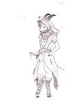 anthro black_and_white caprine clothed clothing digitigrade ear_piercing female fully_clothed goat hood hooves horn mammal marble_(thalomine) melee_weapon monochrome piercing scarf solo sword thalomine weapon 