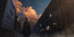  building cape city clouds dark izna_(iznatic) original purple_hair scenic short_hair sky sunset 