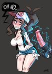  1girl artist_name black_background black_vest blue_eyes blue_shorts blush breasts brown_hair curvy disembodied_penis electricity english erect_nipples erection gerph hat horse_penis injury large_breasts long_hair nintendo no_bra penis pokemon pokemon_(creature) pokemon_(game) pokemon_bw ponytail shirt short_shorts shorts signature simple_background solo speech_bubble standing talking text tied_hair touko_(pokemon) uncensored vest white_shirt worried zebstrika 