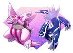  2017 ambiguous_gender black_sclera blue_skin claws dialga digital_media_(artwork) dragon duo feral hi_res invalid_tag legendary_pok&eacute;mon nintendo on_ice_(artist) open_mouth palkia pok&eacute;mon pok&eacute;mon_(species) red_eyes simple_background teeth toe_claws tongue video_games wings 