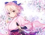  &gt;:) ahoge banned_artist blonde_hair blurry blurry_foreground blush bow breasts brown_eyes cherry_blossoms dango depth_of_field eyebrows_visible_through_hair fate_(series) flower food hair_bow hakama holding holding_food japanese_clothes katana kimono koha-ace konomi_(kino_konomi) long_sleeves looking_at_viewer medium_breasts okita_souji_(fate) okita_souji_(fate)_(all) pink_hakama pink_kimono sheath sheathed shiny shiny_hair short_hair solo sword tareme underbust upper_body v-shaped_eyebrows wagashi weapon wide_sleeves 