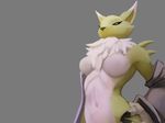  2017 anthro armwear black_sclera blue_eyes breasts bridal_gauntlets canine chest_tuft claws clothing colored_sketch digimon dipstick_ears featureless_breasts female fur grey_background hand_on_hip hattonslayden mammal navel nude portrait renamon simple_background sketch solo three-quarter_portrait tuft white_fur yellow_fur 