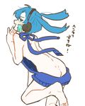  1girl artist_request ass bare_legs barefoot blue_eyes blue_hair blush butt_crack ene_(kagerou_project) feet hand_to_face headphones kagerou_project legs pale_skin sideboob smug soles sweater thighs toes virgin_killer_sweater 