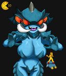  alien big_breasts blue_skin breasts butt claws horn humanoid king_galaxian mandibles not_furry oddrich pac-man pac-man_(series) red_eyes sharp_teeth size_difference teeth tongue tongue_out video_games yellow_skin 