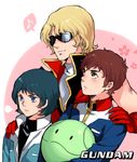  amuro_ray black_hair blonde_hair brown_hair gloves gundam haro kamille_bidan kangetsu_(fhalei) male_focus multiple_boys musical_note quattro_vageena sunglasses zeta_gundam 