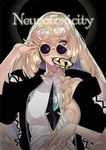  bare_shoulders blonde_hair breasts canned_beef cosplay eyewear_on_head green_eyes guzma_(pokemon) guzma_(pokemon)_(cosplay) long_hair lusamine_(pokemon) medium_breasts mouth_hold nipples one_breast_out pokemon pokemon_(game) pokemon_sm solo sunglasses team_skull 