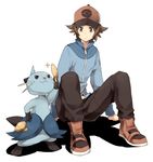  1boy :3 baseball_cap brown_eyes brown_hair closed_mouth dewott full_body guwatefu hat jacket long_sleeves male_focus pants pokemon pokemon_(creature) pokemon_(game) pokemon_bw shadow shoes short_hair simple_background sitting smug sneakers sparkle touya_(pokemon) whiskers white_background 