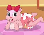  anthro bow bunnykisses chipmunk diaper female fur giggles_(htf) looking_at_viewer lying mammal open_mouth pink_fur rodent smile solo teeth 