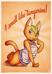  animal_crossing anthro bottomless breasts cat clothed clothing english_text feline female flora_fauna food food_creature fox-pop freckles fruit hair leaf looking_at_viewer mammal nintendo orange_(fruit) pinup plant pose red_eyes short_stack smile solo tangerine_(fruit) tangy_(animal_crossing) text thick_thighs video_games 