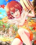  autumn_leaves black_eyes black_hair blonde_hair brown_eyes bucket closed_eyes crossed_legs fujimoto_rina grin idolmaster idolmaster_cinderella_girls leaf_print mukai_takumi multiple_girls murakami_tomoe naked_towel official_art one_eye_closed onsen red_hair short_hair smile towel towel_on_head wooden_bucket 