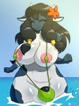  beach big_breasts bovine breasts bulge cattle clothing dickgirl eyes_closed flower flower_in_hair fur intersex juzztie mammal multicolored_fur plant seaside solo two_tone_fur wide_hips 