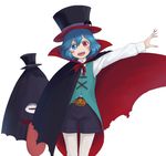  blue_eyes blue_hair blue_vest blush_stickers claws cloak coattails commentary_request fangs halloween halloween_costume hat heterochromia karakasa_obake kitano_(kitanosnowwhite) long_sleeves one-eyed pantyhose pumpkin purple_umbrella red_eyes short_hair shorts solo tatara_kogasa top_hat touhou umbrella vampire_costume vest white_legwear 