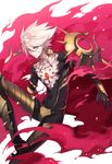  blue_eyes bodysuit cape collar covered_navel earrings fate/apocrypha fate/grand_order fate_(series) hair_between_eyes jewelry kangetsu_(fhalei) karna_(fate) looking_at_viewer male_focus necklace solo spiked_collar spikes torn_clothes white_hair 