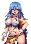  ass_visible_through_thighs black_legwear black_panties blue_hair breasts capelet choker cleavage crop_top eyebrows_visible_through_hair fi-san final_fantasy final_fantasy_crystal_chronicles fur_trim green_eyes hair_tubes highres large_breasts long_hair looking_at_viewer midriff navel open_mouth panties selkie simple_background skirt solo standing thighhighs underwear 