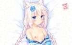  animal_ears artist_name bangs bare_shoulders bed_sheet blue_dress blue_eyes blunt_bangs blush braid breasts cat_ears collarbone dress dress_pull eyebrows_visible_through_hair eyes_visible_through_hair fanbox_reward flower hair_flower hair_ornament highres long_hair looking_at_viewer nekopara nipples off_shoulder official_art paid_reward paw_print sayori slit_pupils small_breasts smile solo twin_braids upper_body vanilla_(sayori) wallpaper white_hair 